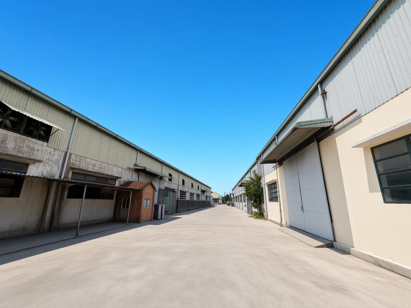 Wide lane between VIET BI warehouse buildings under a clear sky